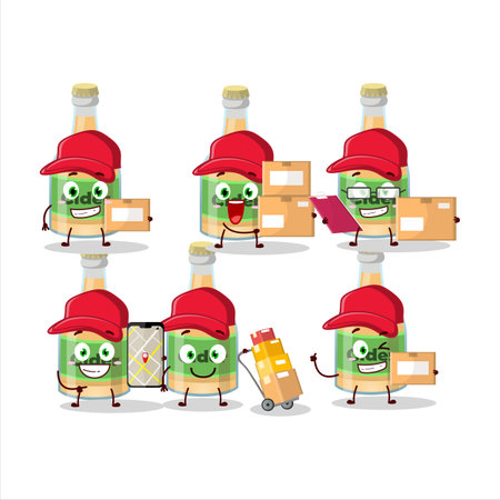 Cartoon character design of cider bottle working as a courier. Vector illustrationのイラスト素材