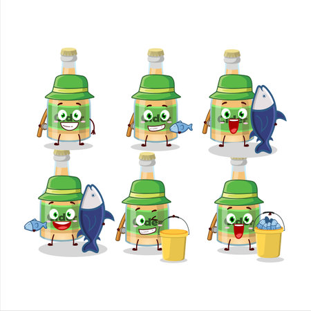A fisherman cider bottle cartoon picture catch a big fishのイラスト素材