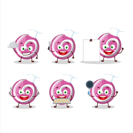 Cartoon character of pink sweet candy with various chef emoticonsのイラスト素材