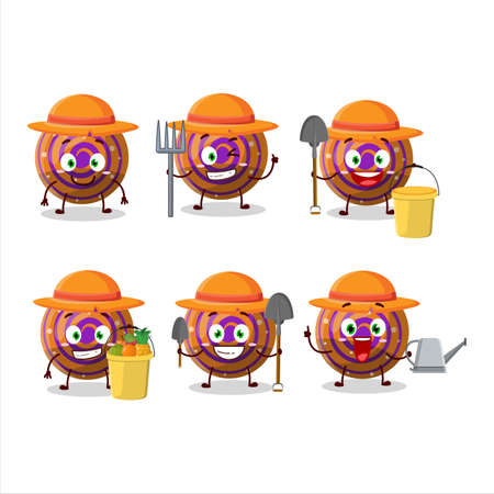 Farmer orange spiral gummy candy cute mascot character with forkのイラスト素材