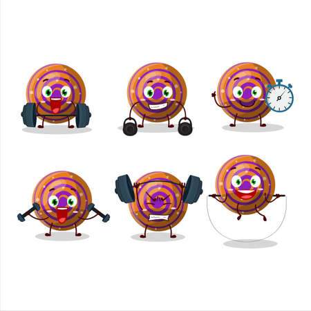A healthy orange spiral gummy candy cartoon style trying some tools on Fitness centerのイラスト素材