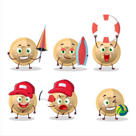 Happy Face chinese coin cartoon character playing on a beachのイラスト素材