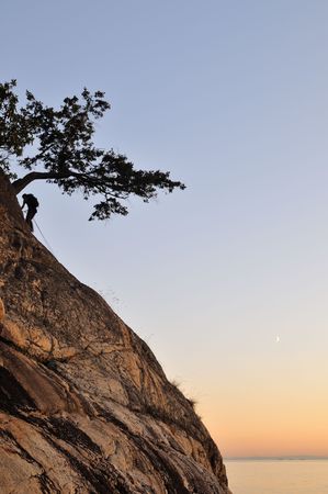 Rock Climbing at Juniper point, West Vancouver Lighthouse parkの写真素材