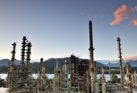 Oil refinery at night, Burnaby, British Columbia, Canadaの写真素材