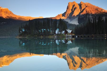 Emerald Lake at sunset in Yoho National Park の写真素材