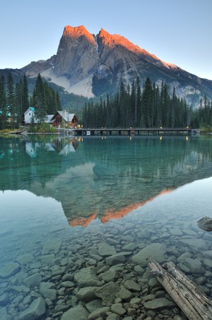 Emerald Lake at sunset in Yoho National Park の写真素材