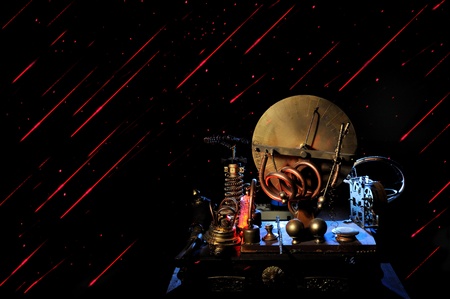 Time Machine in the dark space with red light trailsの写真素材
