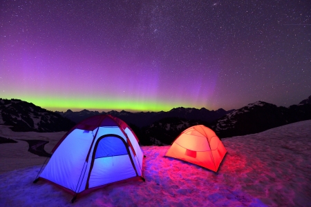 Aurora Borealis and tents on Artist Point, Mt  Baker National Parkの写真素材