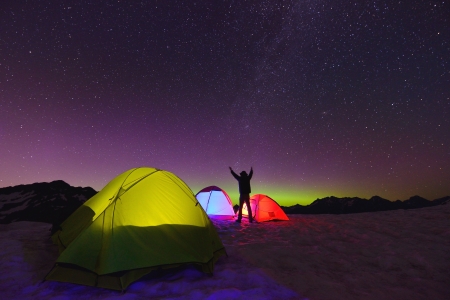 Aurora Borealis and tents on Artist Point, Mt  Baker National Parkの写真素材