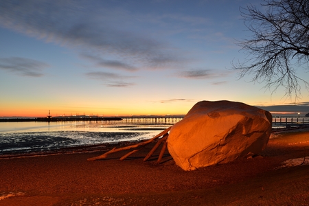 The Famous Rock of City Of White Rock at sunset, British Columbiaの写真素材