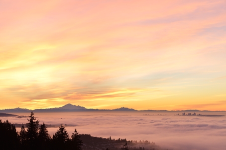Vancouver Foggy Sunrise, viewed from Cypress Mountain lookout pointの写真素材