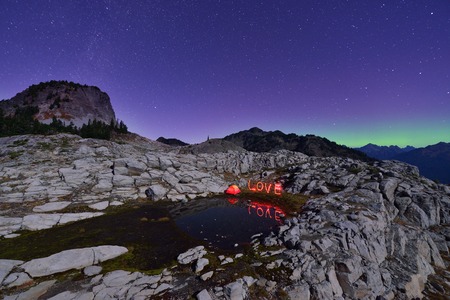 Aurora Borealis and tent on Artist Point, Mt. Baker-Snoqualmie National Forestの写真素材