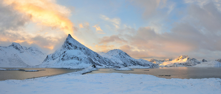 Torsfjorden inlet & Volandstinden mountain sunrise, Lofoten, Norway