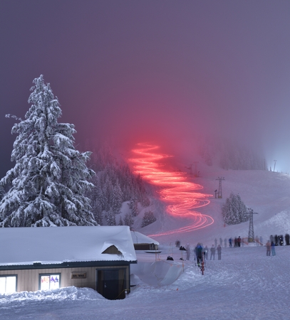 Torchlight Parade on Ski Hill, Grouse Mountain 24 hours ski night, Vancouverの写真素材