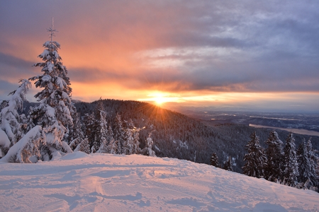 Grouse Mountain Winter sunrise, Vancouver, BC, Canadaの写真素材