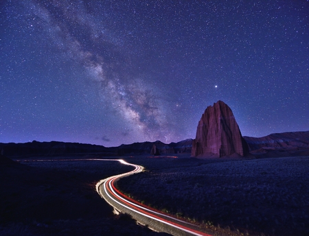 Milky way, Temple of Sun and light trails in Cathedral Valley, Capitol Reef, Utah