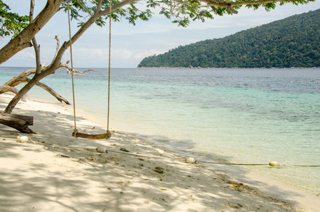 Wooden swing hanging from a tree on the beach near the waves of blue sea. Andaman Sea, Lipe, Satun, Thailandの写真素材