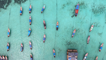 High aerial view of sunrise beach, the most activity of koh lipe transport swimming snorkelling and...