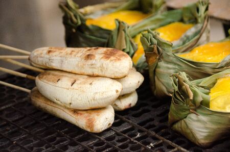 Grilled banana, dessert inThailand, Food from fruits. Thai street food market.の写真素材