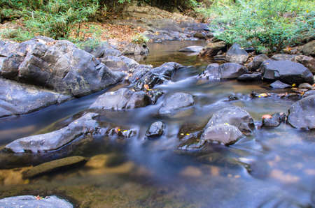 Small waterfalls streaming into small pond in green forestÂ in long exposure, Thailand