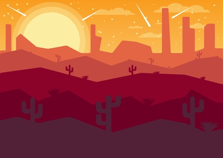 vector Illustrator flat landscape desert night with cometsのイラスト素材
