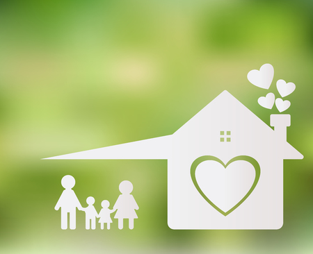 Happy family at home. Mom and Dad stand holding hands with boys and girls. Home heart on the ground, blurred green backgroundのイラスト素材