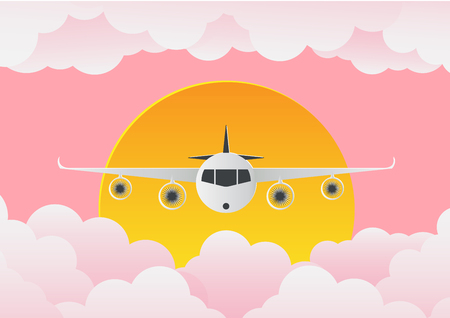 Airplane with clouds and sun on pink background. Paper art vector illustration.のイラスト素材