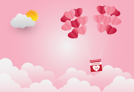 Valentine's day, heart-shaped balloon floating in the sky, pink background, paper artのイラスト素材