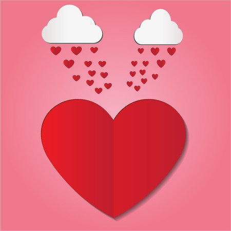Paper art heart rain falls on red heart vector illustration.のイラスト素材