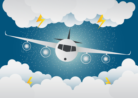 The plane flies through clouds. rainy Day and lightning in clouds, vector illustration. on abstract background.paper art.vector illustrationのイラスト素材