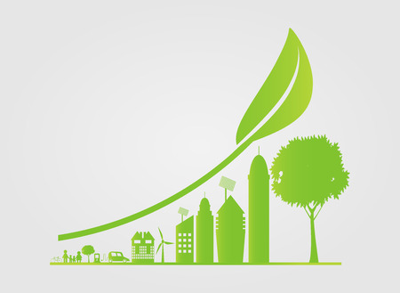 Sustainable Urban Growth in the City,Ecology.Green cities help the world with eco-friendly concept ideas, vector illustration.のイラスト素材