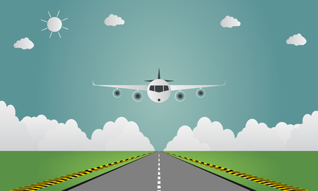 Airplane lands on airport on runway a plane landing or taking off. Vector illustrationのイラスト素材