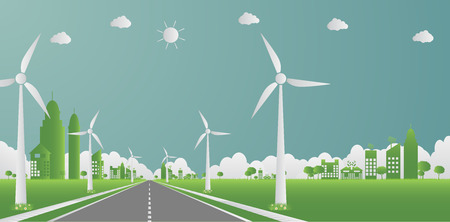 Factory ecology,Industry icon,Wind turbines with trees and sun Clean energy with road eco-friendly concept ideas.vector illustrationのイラスト素材