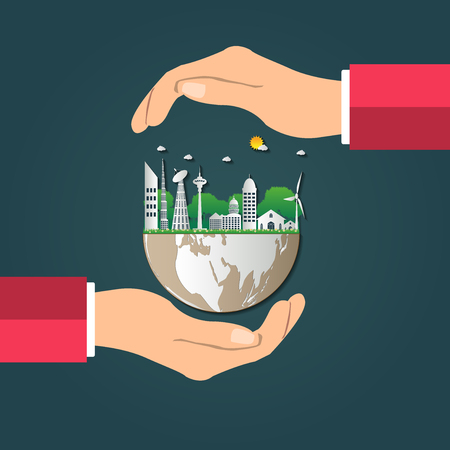 The world in your hands ecology concept.Green cities help the world with eco-friendly concept idea.with globe and tree background.vector illustrationのイラスト素材