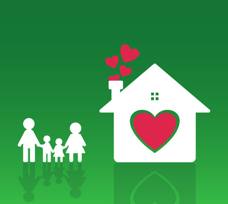 Happy family at home Mom and Dad stand holding hands with boys and girls. Home heart on the ground, blurred green backgroundのイラスト素材