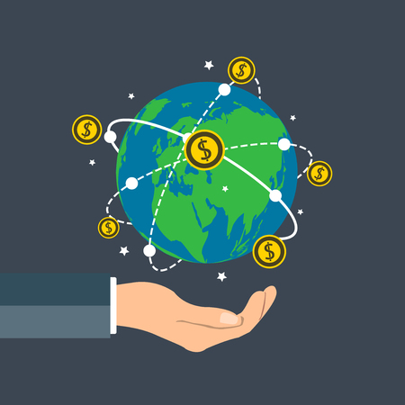 Businessman holding earth globe,Dollar coin concept growth chart hand holding,coin spin around the world.のイラスト素材