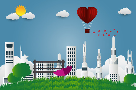 Valentine's day umbrella with chair balloons in a heart shaped flying over grass view background, paper art style. vector illustratorのイラスト素材