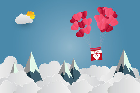 valentine's Day balloon heart-shaped floating in the sky and beautiful mountains cloud.paper art.vector illustrationのイラスト素材
