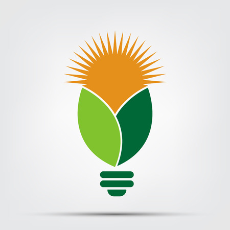 Symbol ecology bulb logos of green with sun and leaves nature element icon on white background. Vector illustration.のイラスト素材