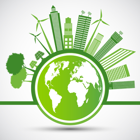 Ecology and environmental concept, earth symbol with green leaves around cities help the world with eco-friendly ideas, vector illustrationのイラスト素材