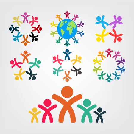 Graphic group connecting, people connection logo set, team work in a circle holding hands. Business person meeting in the same power room, vector iconsのイラスト素材