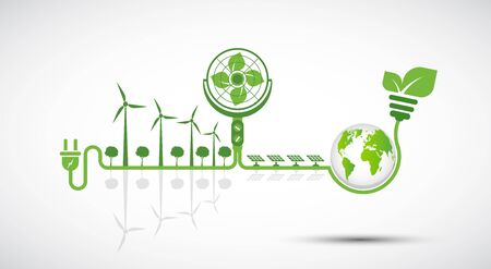 Ecology and Fan Concept,Earth Symbol With Green Leaves Around Cities Help The World With Eco-Friendly Ideas  のイラスト素材