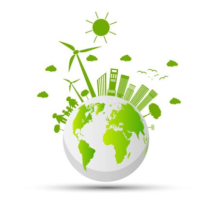 Ecology and Environmental Concept,Earth Symbol With Green Leaves Around Cities Help The World With Eco-Friendly Ideas のイラスト素材