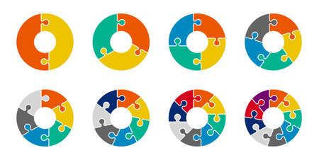 Jigsaw Infographic pie chart set. Cycle collection 2,3,4,5,6,7 and 8 section Circleのイラスト素材