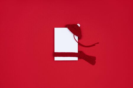 Postcard mock up in the center of the flat lay composition on the red paper backgroundの写真素材