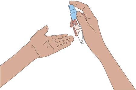 Hands with antibacterial sanitizer, spraying desinfecting liquid. Vector cartoon illustrationのイラスト素材