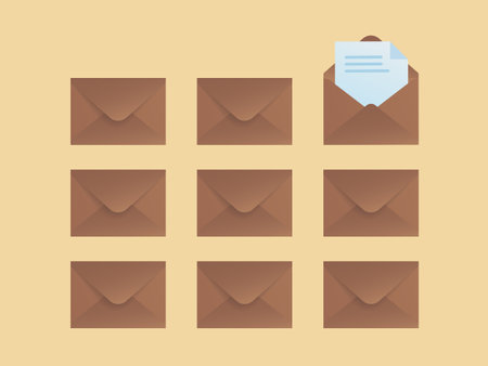 Layout of brown envelopes with one opened envelope and a sheet of paper in it. Vector concept illustrationのイラスト素材