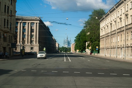 Saint Petersburg, Russia - July 02, 2017: View of the Smolny Cathedral from Suvorov Avenue.のeditorial素材