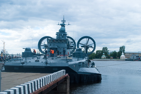 Saint Petersburg, Russia - July 02, 2017: International naval salon. Visitors on the deck of a small landing craft on air cushion Eugene Kocheshkov.のeditorial素材