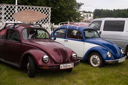Saint Petersburg, Russia - July 08, 2017: Festival of old Volkswagen car Bughouse Fest 2017 . Several Volskwagen beetle in the exhibition.のeditorial素材